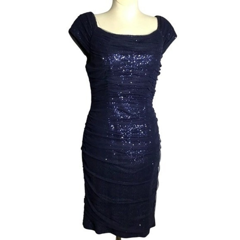 Ralph Lauren Evening navy blue cocktail dress with‎ beading and netting overlay